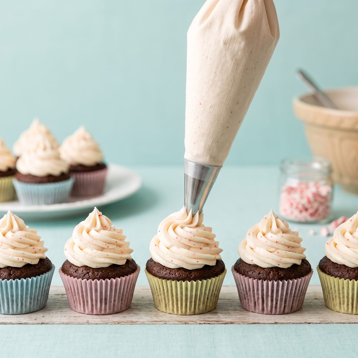 Piping bag swirling peppermint frosting onto a row of chocolate cupcakes