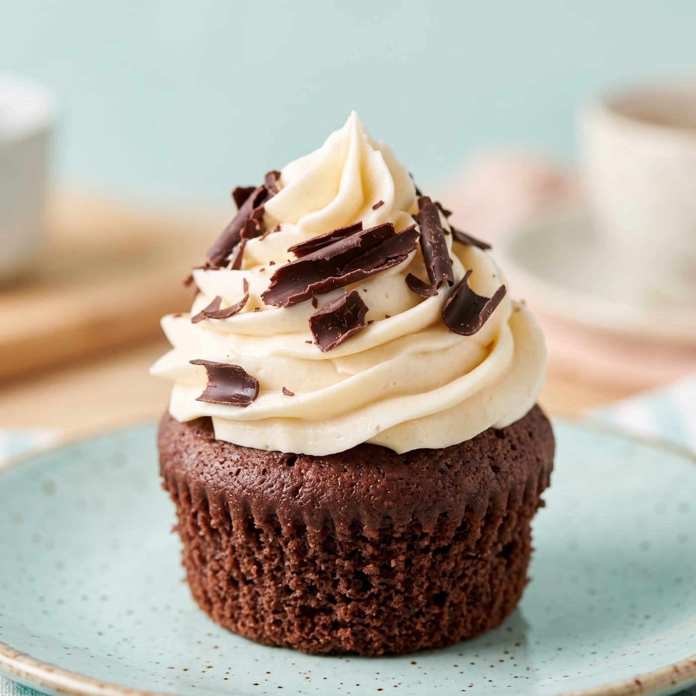 Close up of dark chocolate shavings resting on swirled peppermint frosting