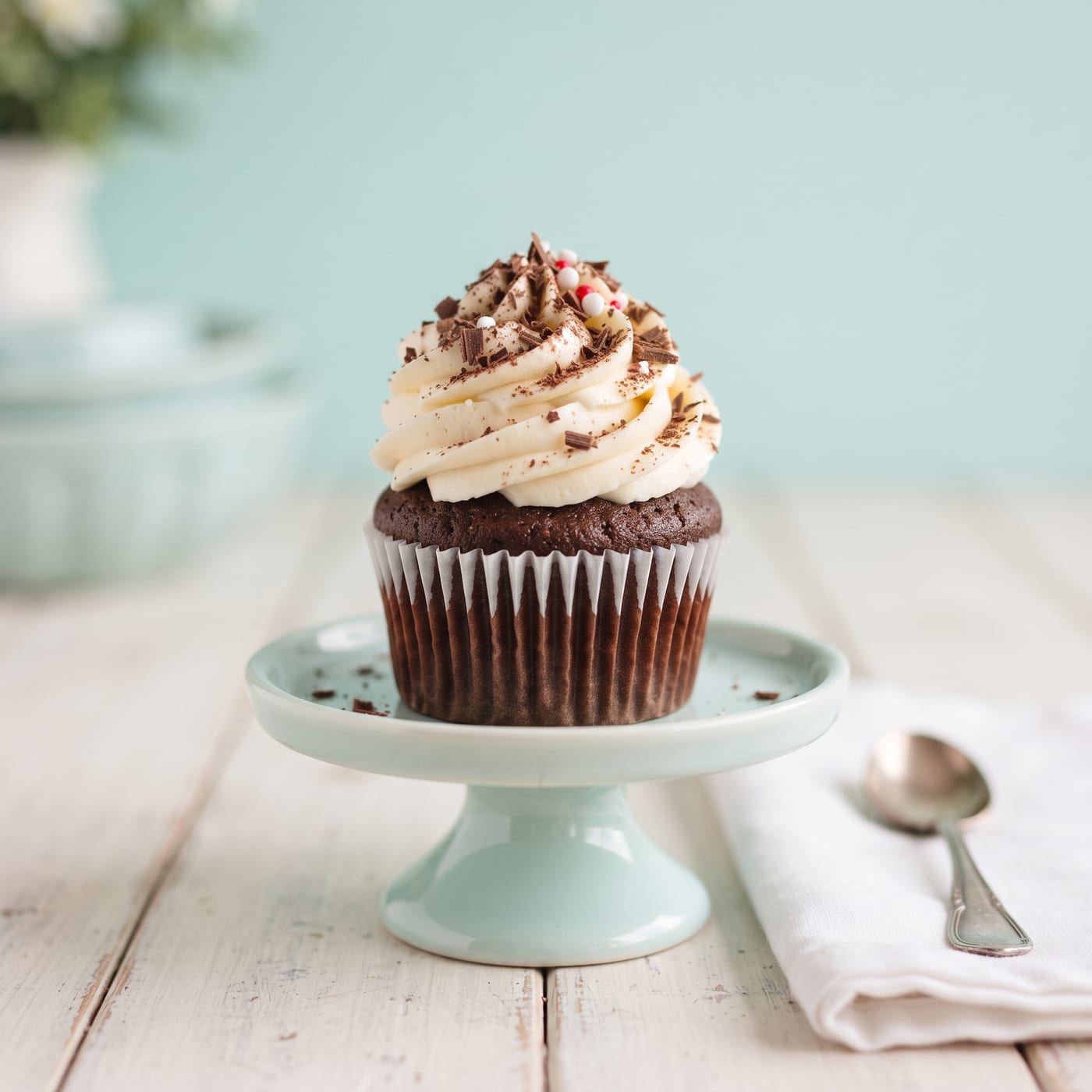 Chocolate cupcake with tall swirled peppermint frosting and dark chocolate shavings on a pale aqua background