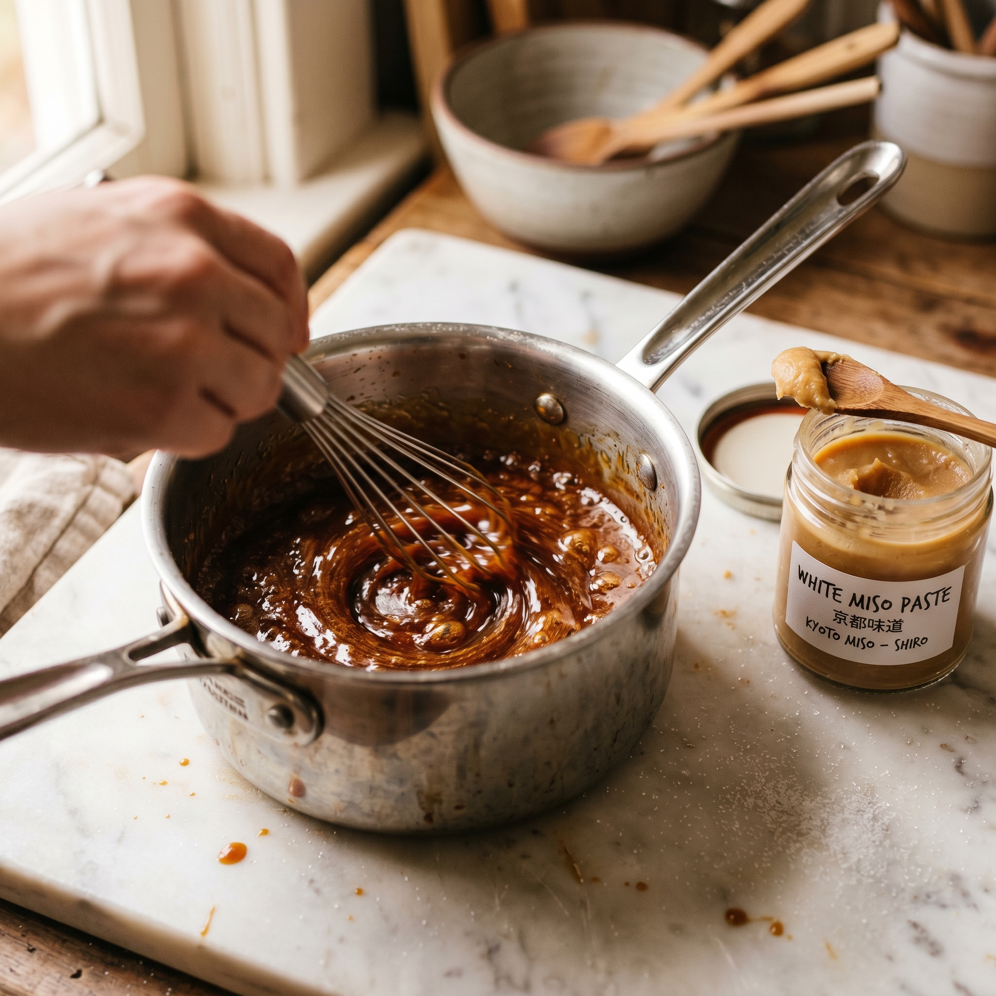 Miso paste being whisked into dark amber caramel in a small saucepan on a white marble surface.