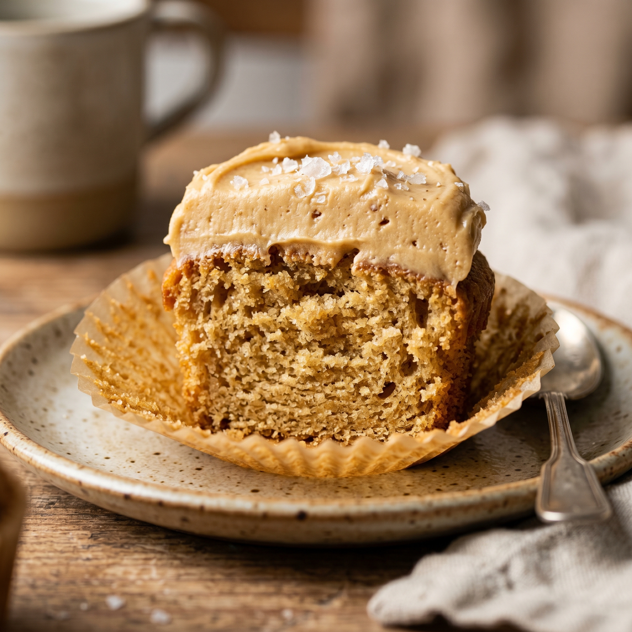Cross-section of a miso caramel cupcake showing the brown butter crumb and caramel buttercream layers up close.