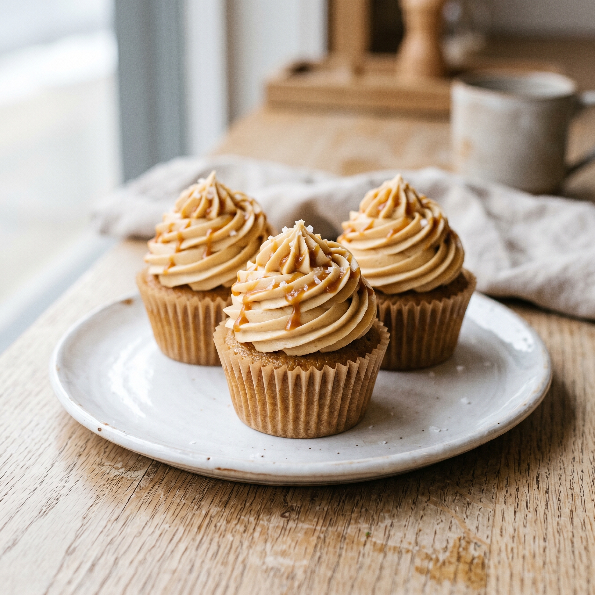 Three miso caramel cupcakes on a white ceramic plate with high-swirled caramel buttercream. Golden caramel drizzle, and flaky sea salt, shot at 3/4 angle in soft natural light.