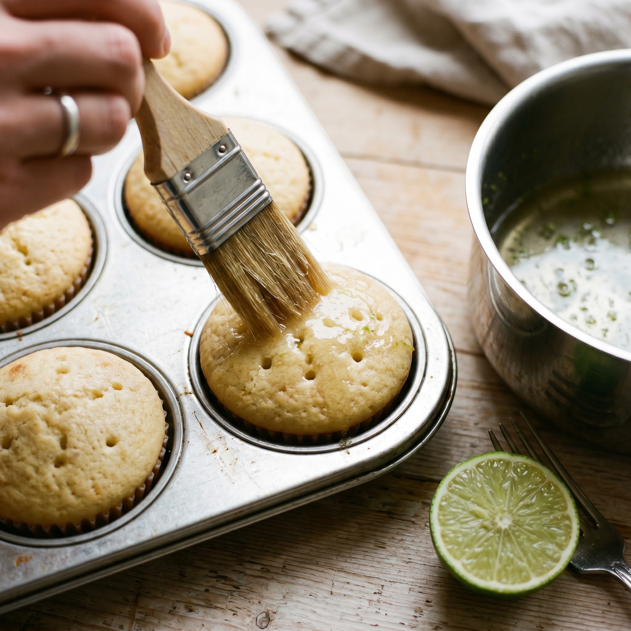 Rum simple syrup being brushed onto warm lime cupcakes fresh from the oven in a muffin tin on a light wood surface