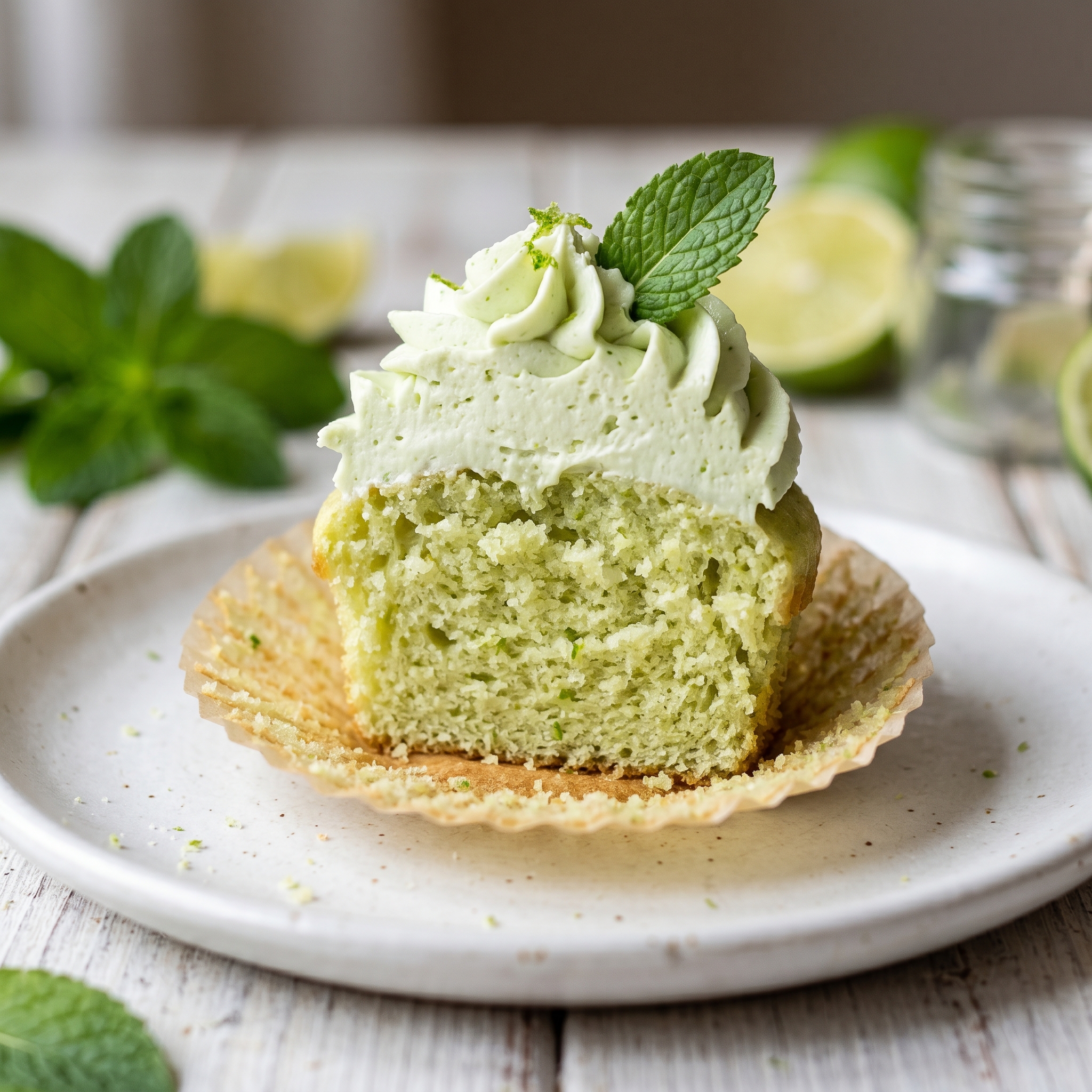 Single mojito cupcake cross-section showing moist lime crumb, soaked rum syrup layer, and thick fresh mint buttercream swirl on top