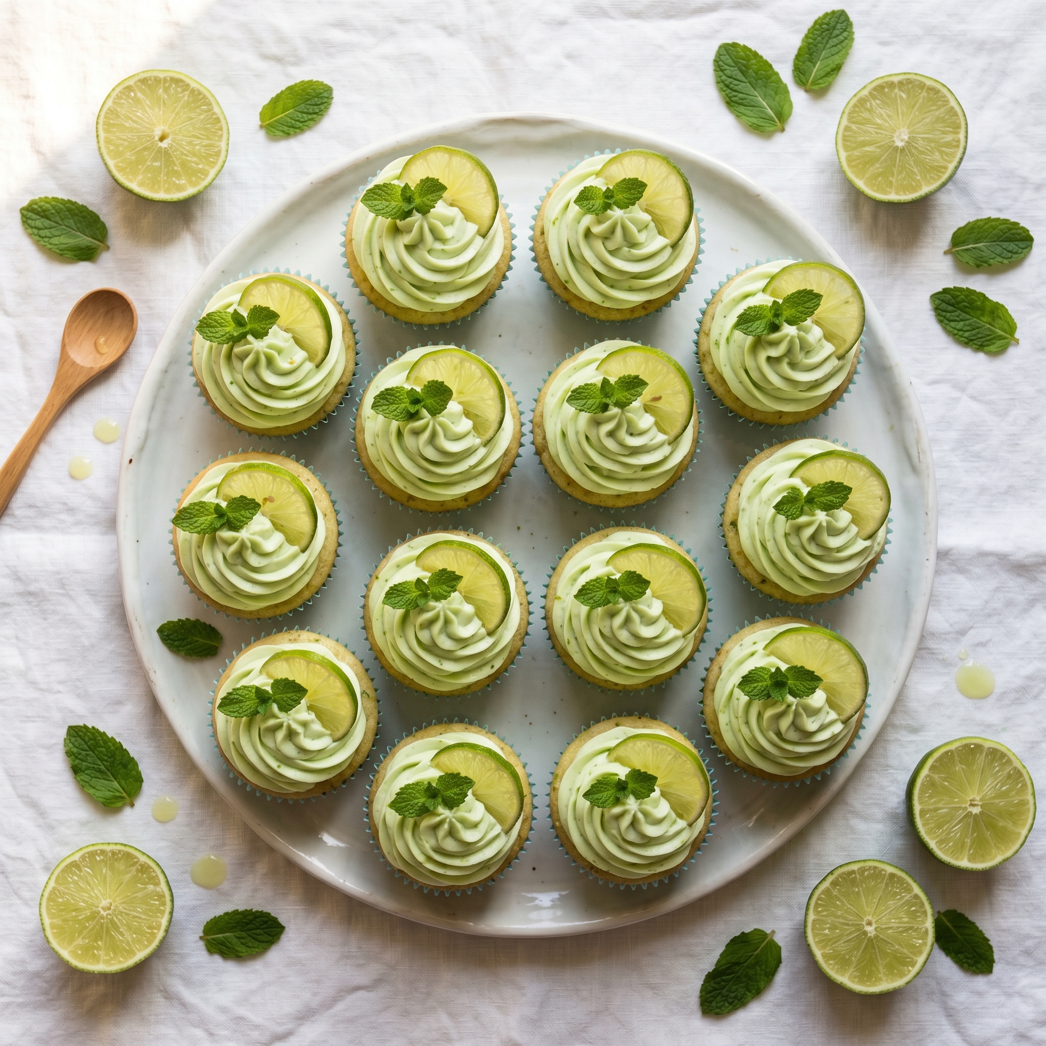 Twelve mojito lime mint cupcakes with mint green buttercream swirls topped with fresh mint sprigs and thin lime wheel slices on a white ceramic plate with natural light