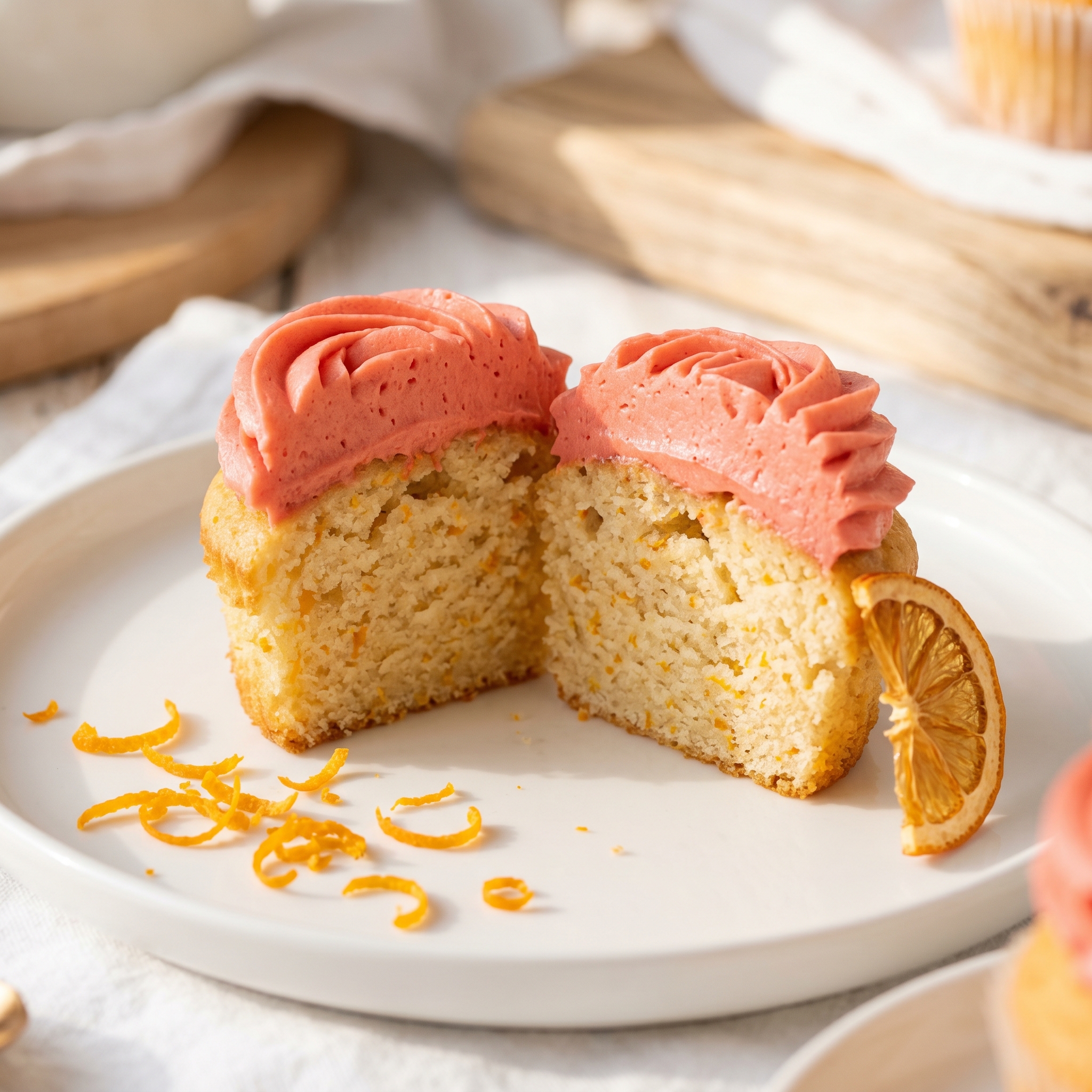 Cross-section of a Negroni Orange Cupcake showing moist orange sponge and coral Campari buttercream