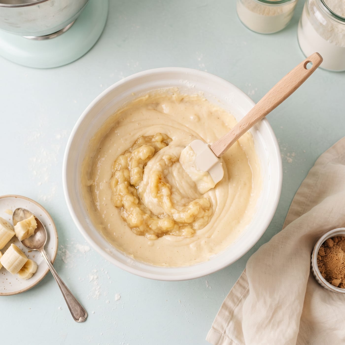 Mashed ripe banana being folded into cupcake batter in a mixing bowl
