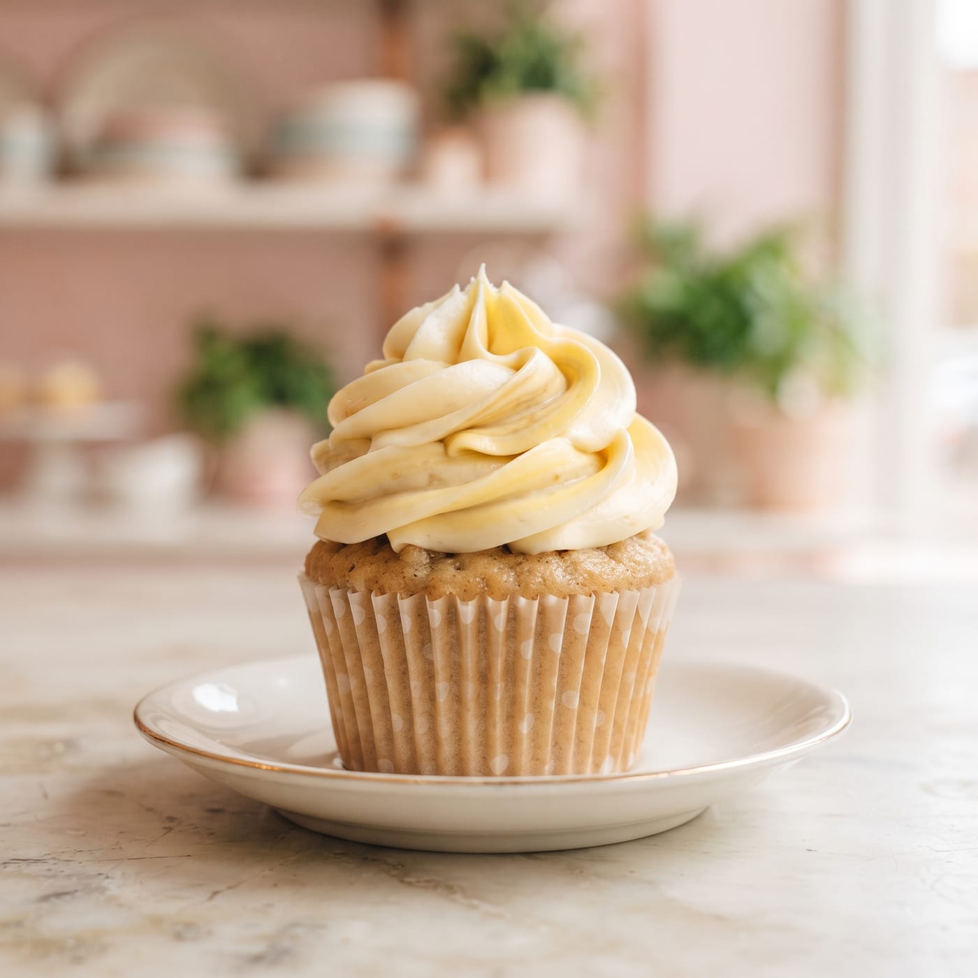 Close up of two tone vanilla swirl frosting on a banana cupcake