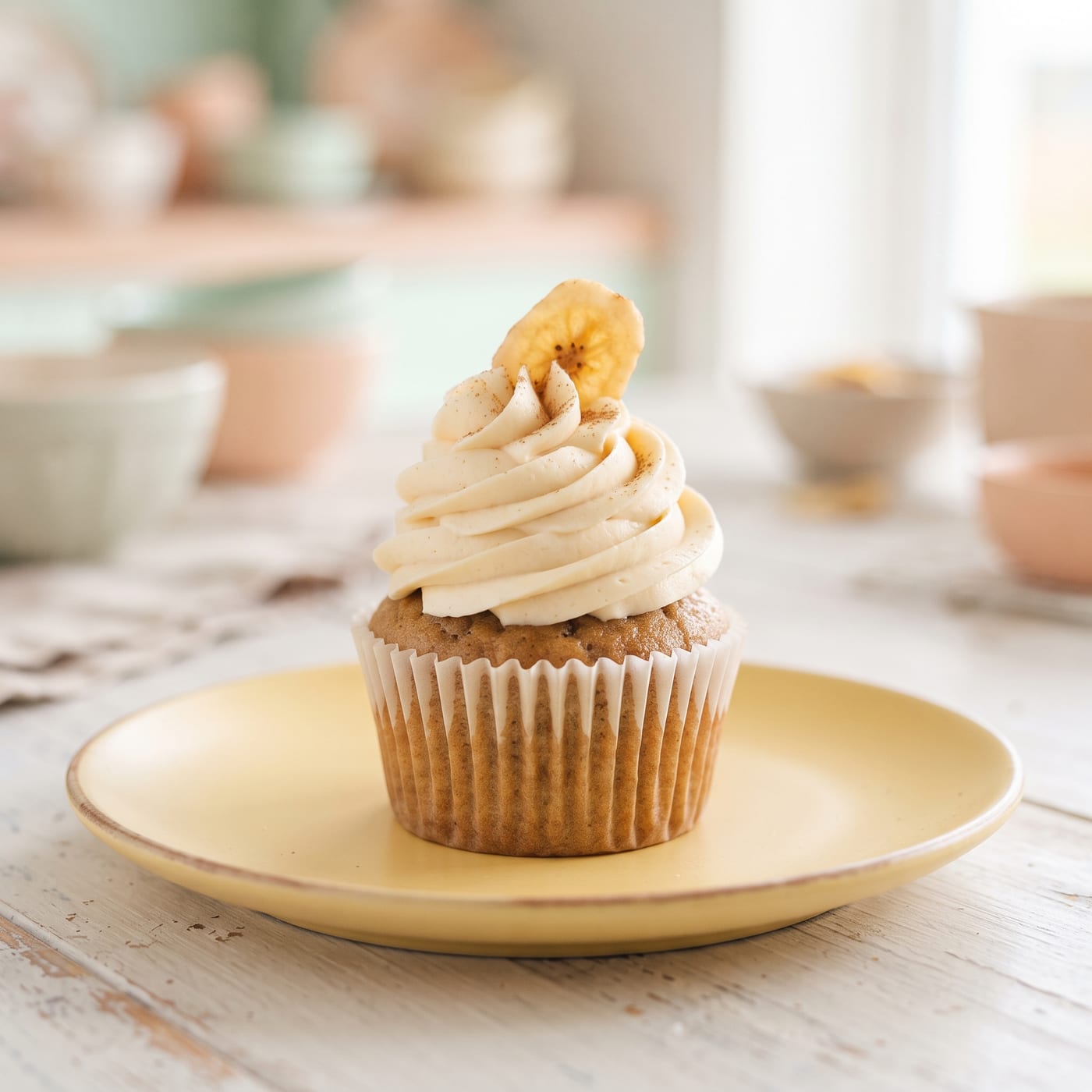 Banana cupcake with tall swirled vanilla frosting on a pastel yellow background
