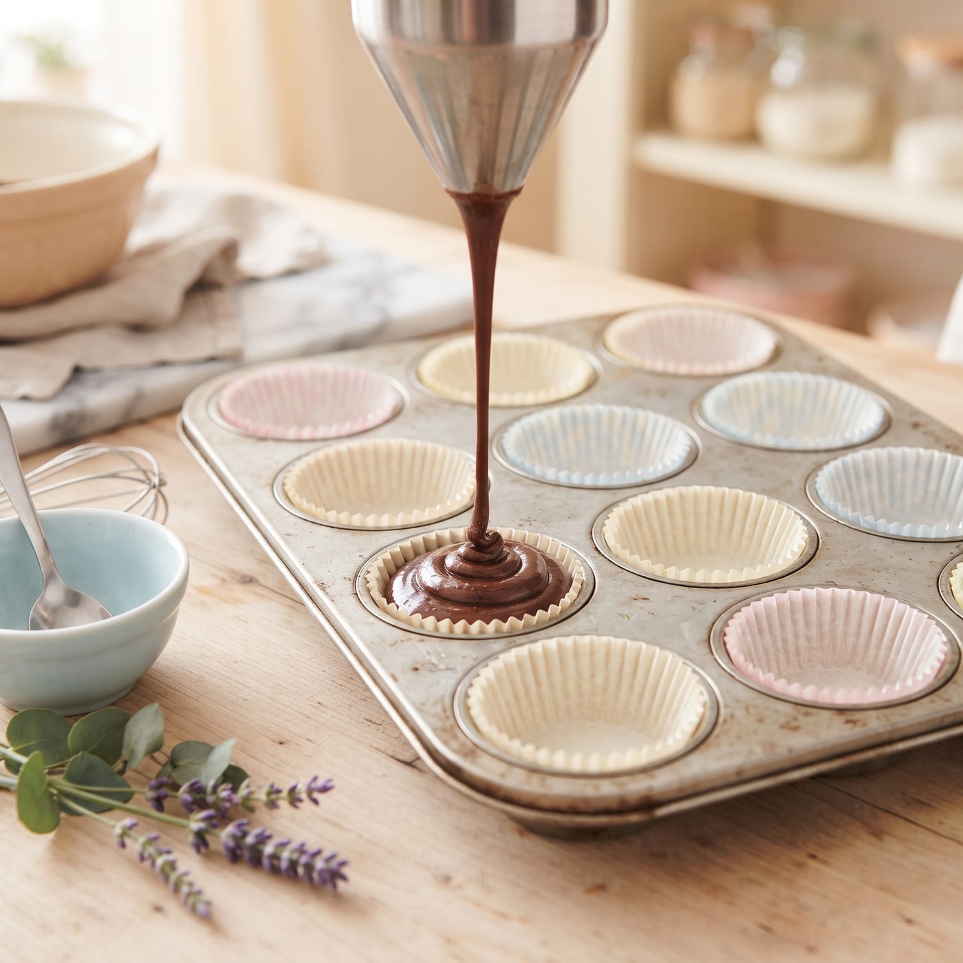 Chocolate cupcake batter being poured into a lined muffin pan before baking
