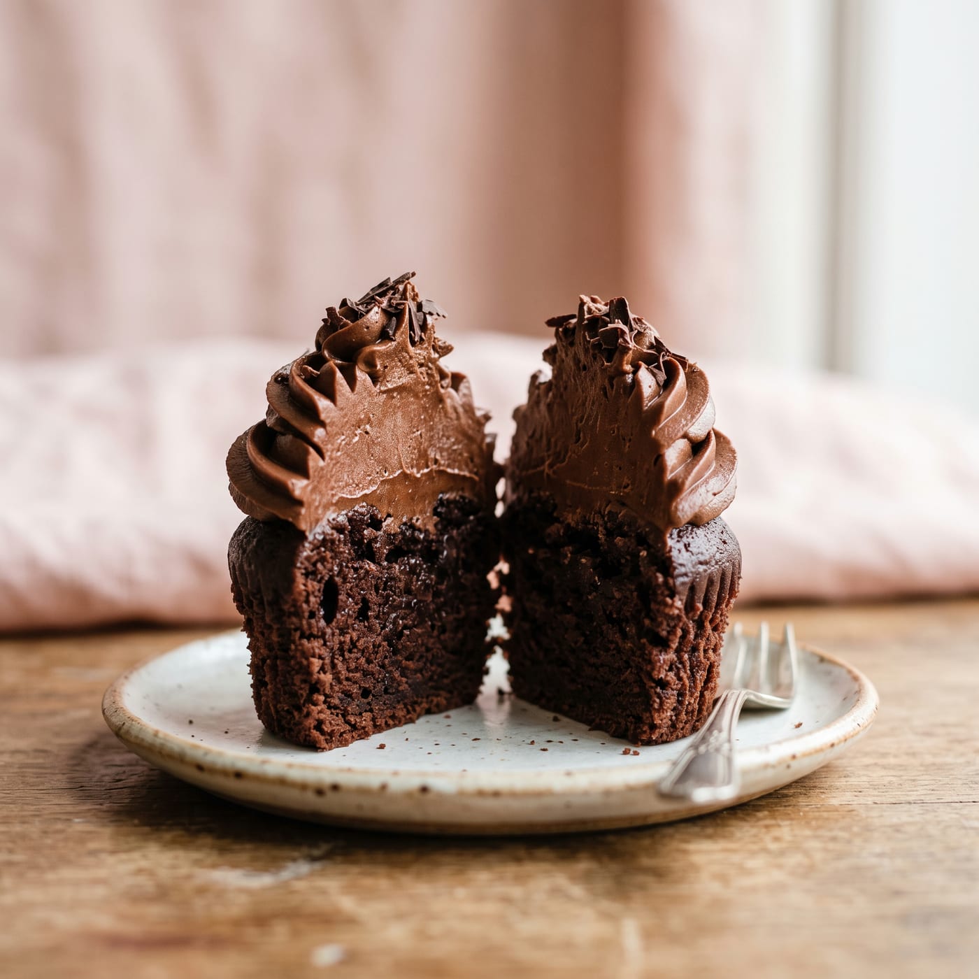 Close up of a chocolate cupcake sliced open showing a moist fudgy crumb