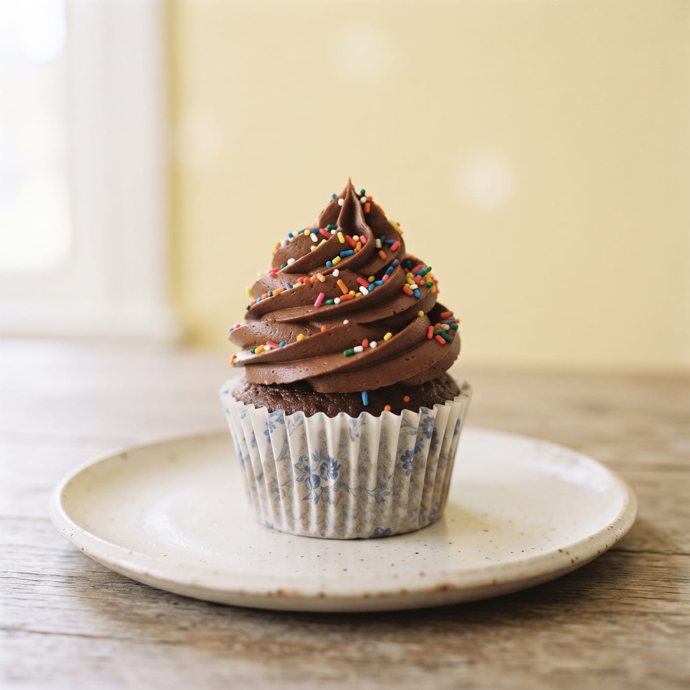 Tall swirl of chocolate frosting piped on a nut-free chocolate cupcake with rainbow sprinkles