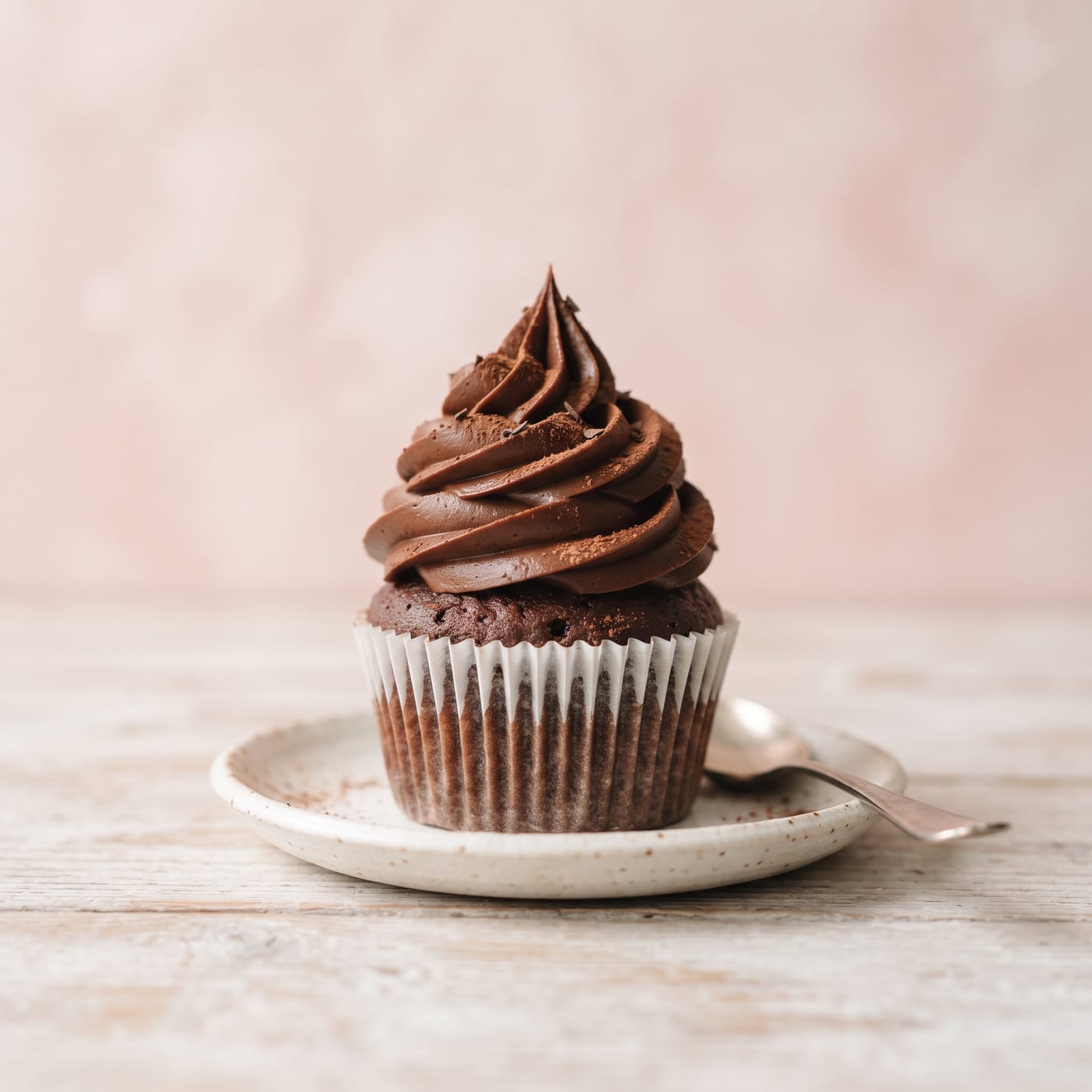 Chocolate fudge swirl cupcake with tall piped frosting on a pale pink background