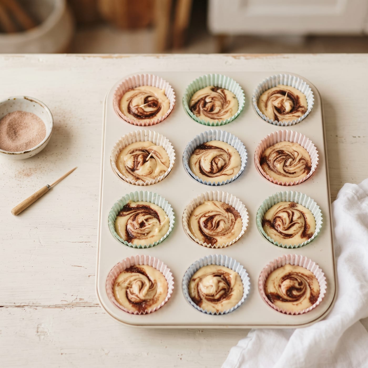 Cinnamon sugar being swirled into cupcake batter with a toothpick