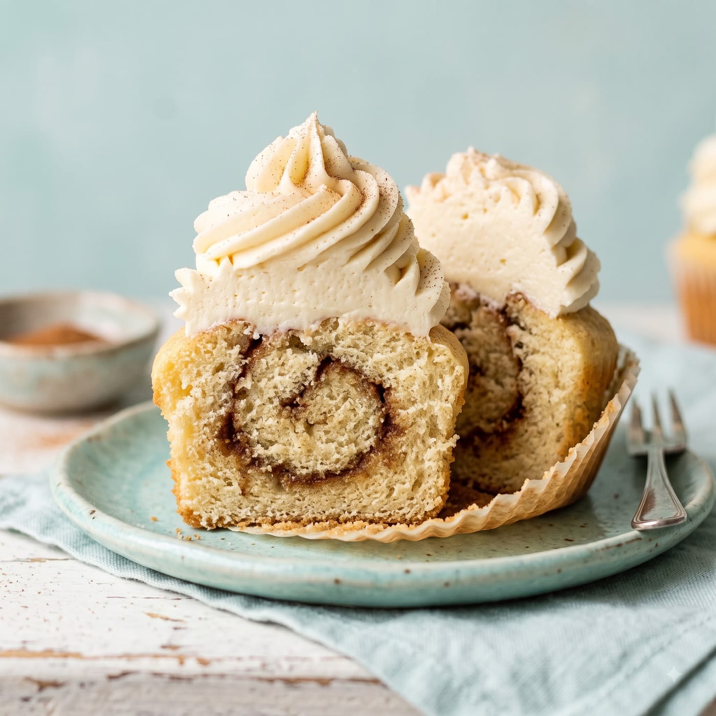 Close up cross section of a cinnamon swirl cupcake showing the baked in spiral