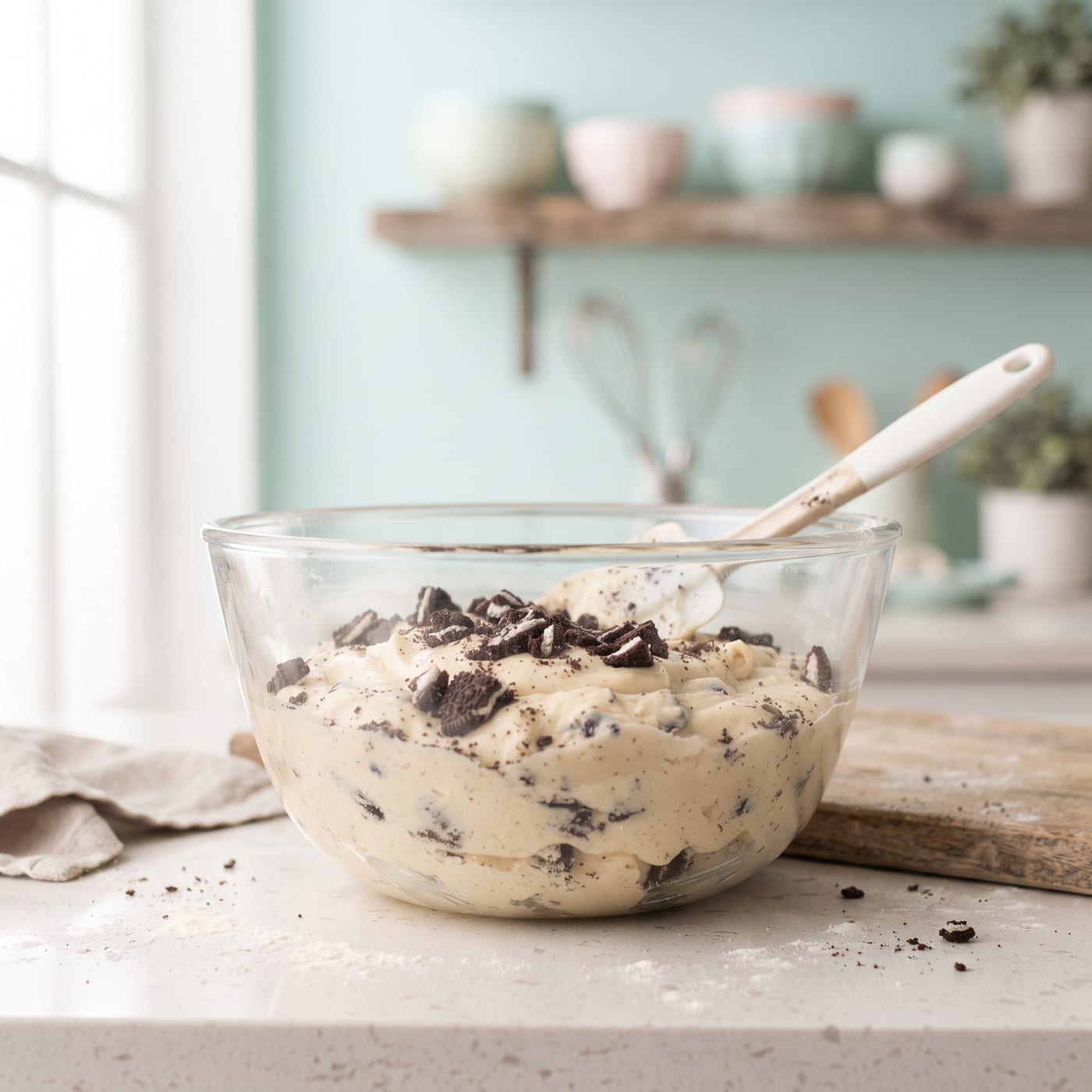 Hand-free view of cookie chunks being folded into pale cupcake batter in a glass bowl