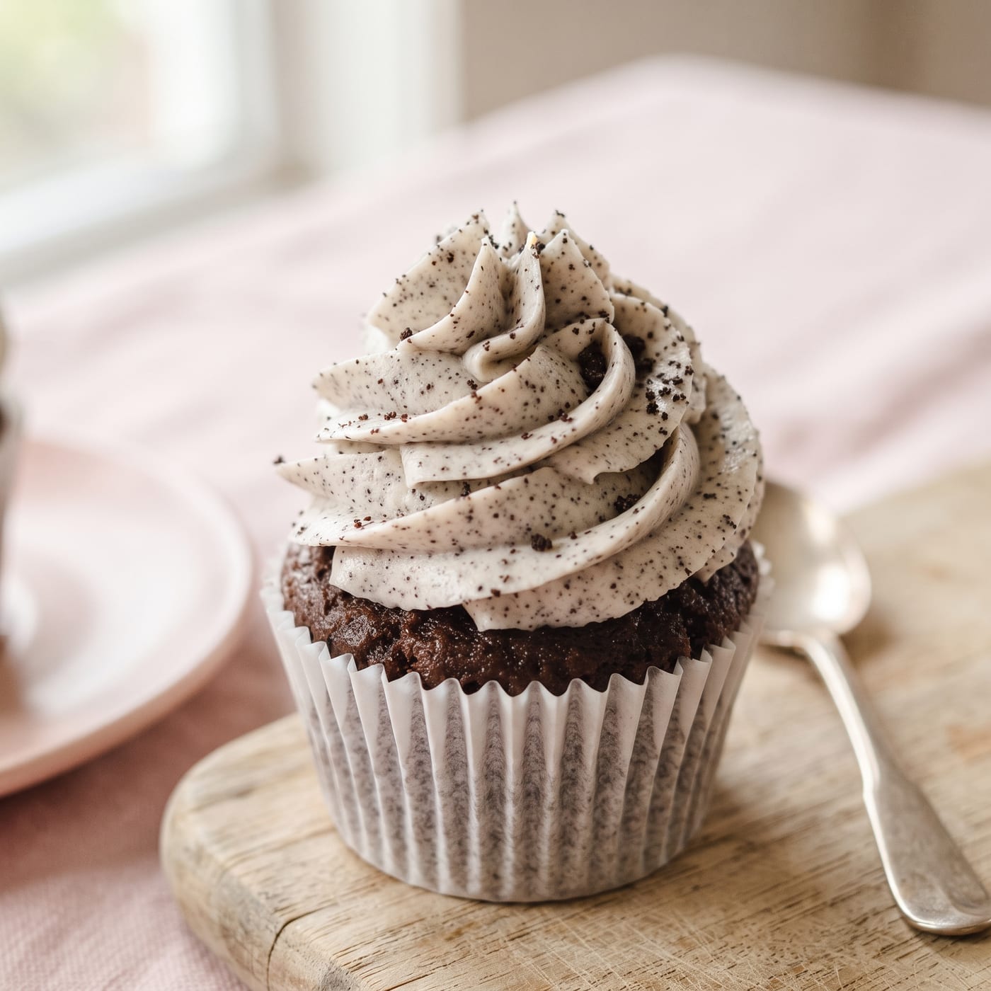 Close up of cupcake frosting swirl showing fine cookie crumb flecks