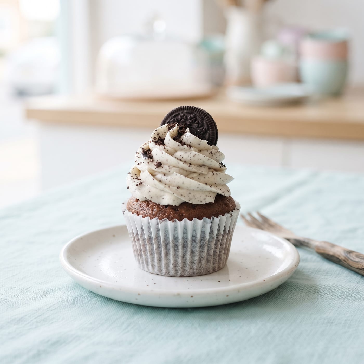 Cupcake topped with tall swirled frosting flecked with cookie crumbs and a cookie half on top