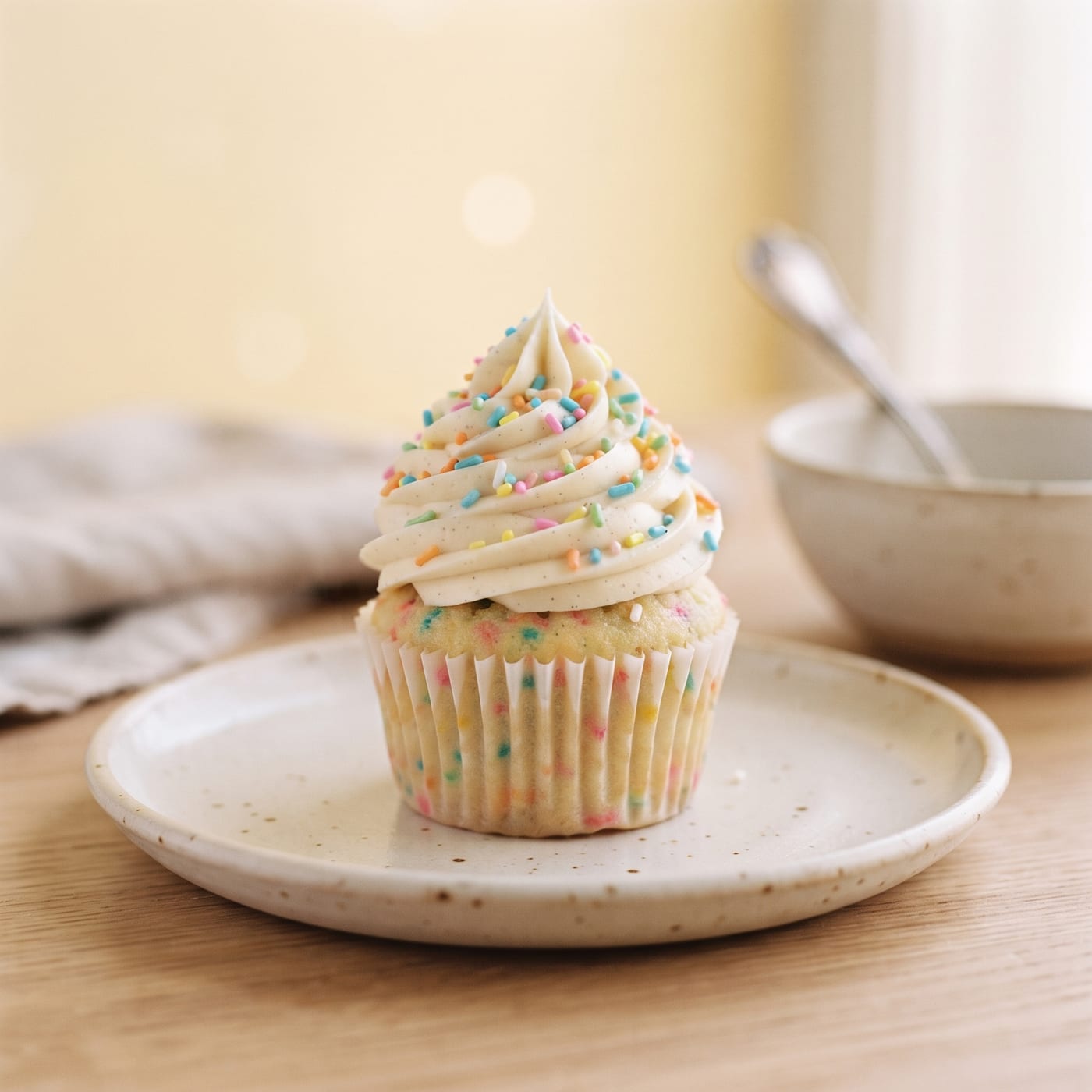 Nut-free funfetti cupcake with tall swirled vanilla frosting and colorful natural sprinkles on top