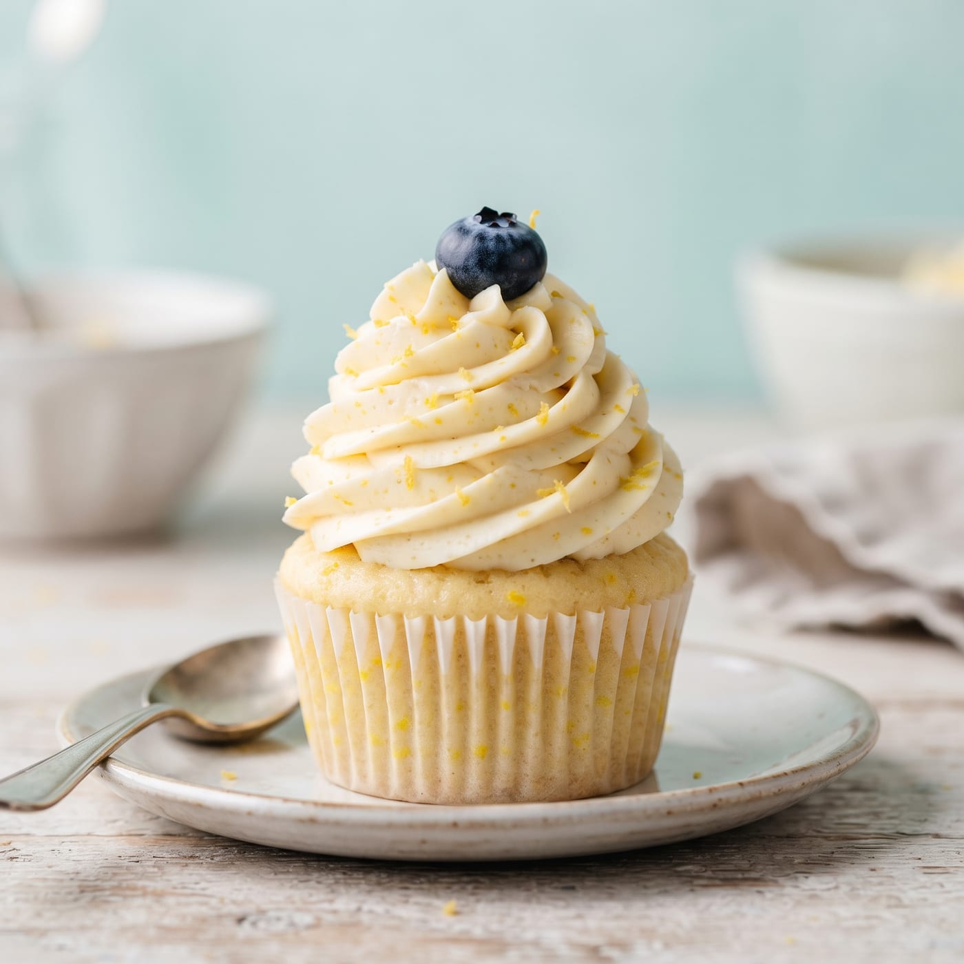 Close up of lemon zest frosting swirl with blueberry garnish on a cupcake
