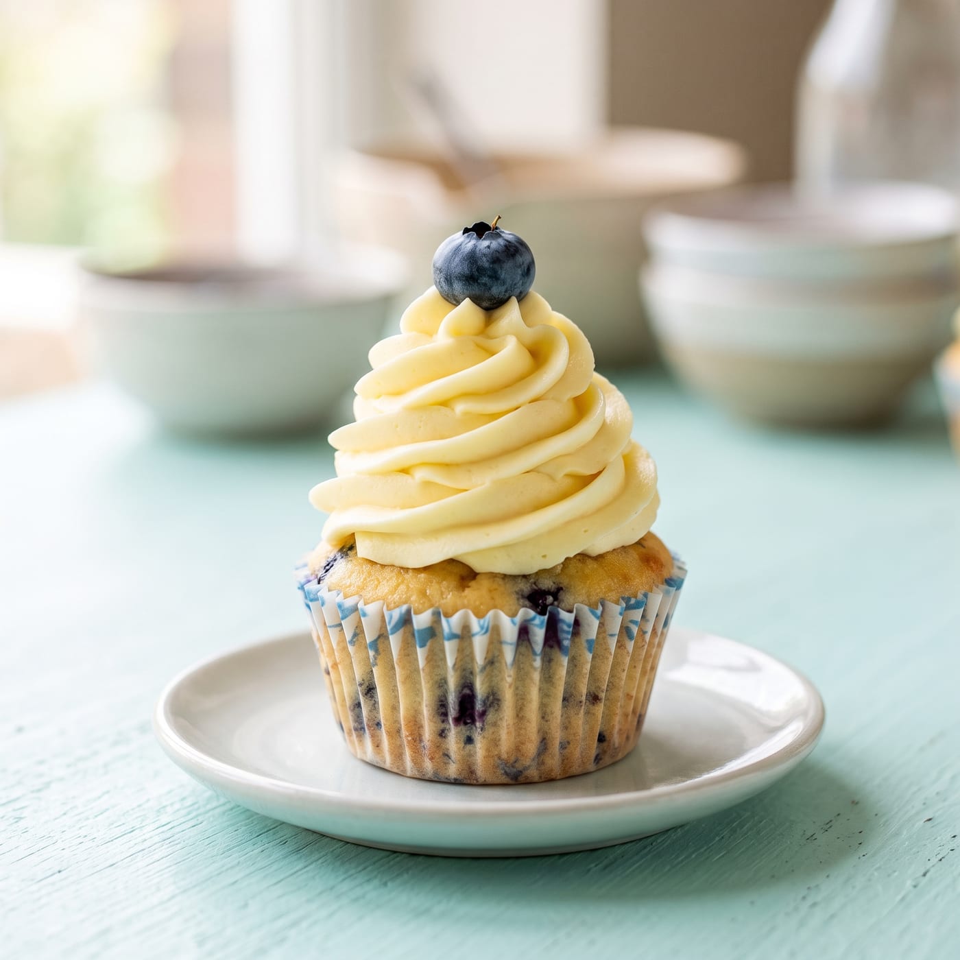 Nut-free lemon blueberry cupcake with tall swirled frosting topped with a fresh blueberry