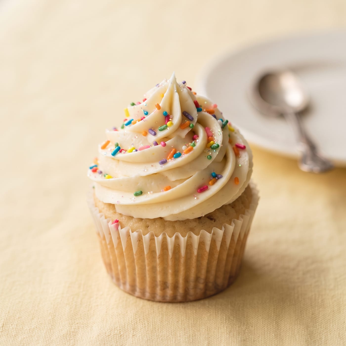 Close up of vanilla buttercream swirl and sprinkles on a nut-free cupcake