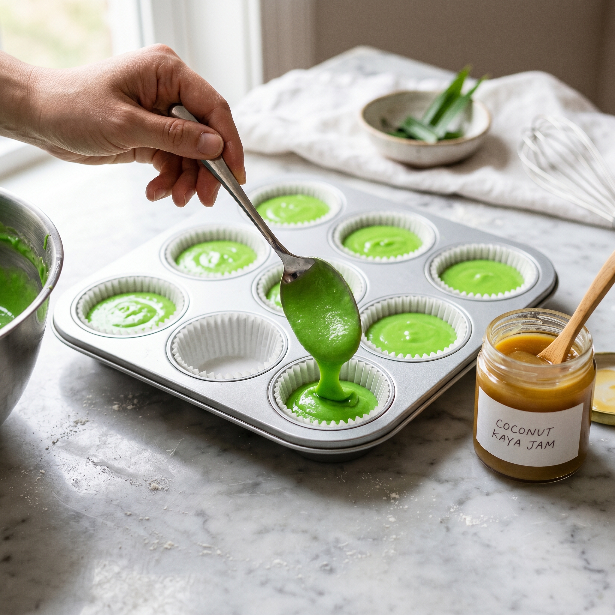 Bright green pandan cupcake batter being spooned into white paper liners in a muffin tin, small jar of kaya jam beside the tin
