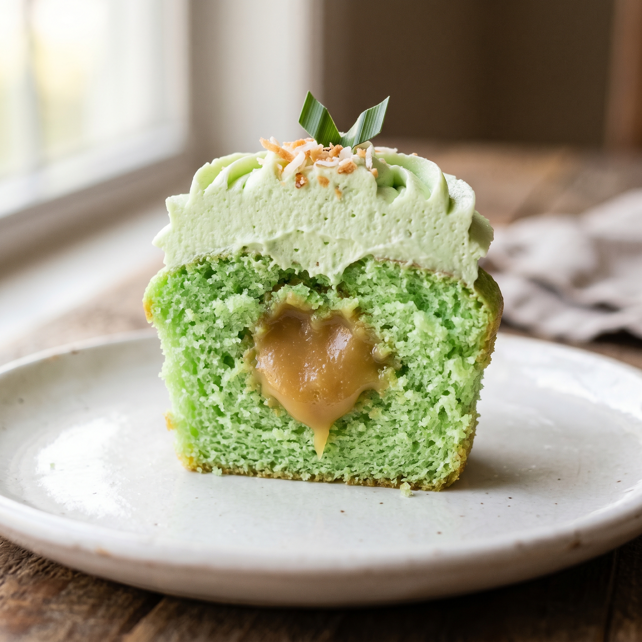 Close-up cross section of a pandan cupcake showing vivid green crumb and soft coconut kaya center with frosting on top