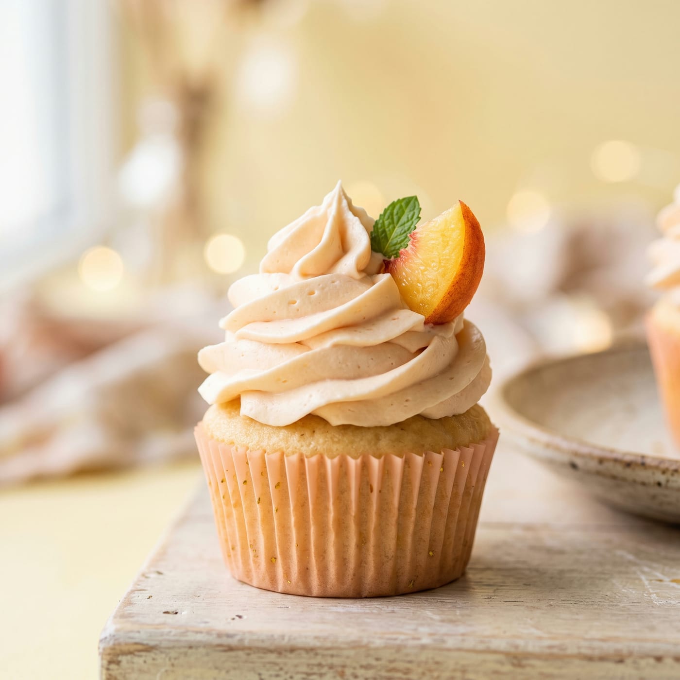 Close up of whipped peach cream frosting swirl showing soft texture and fresh peach garnish