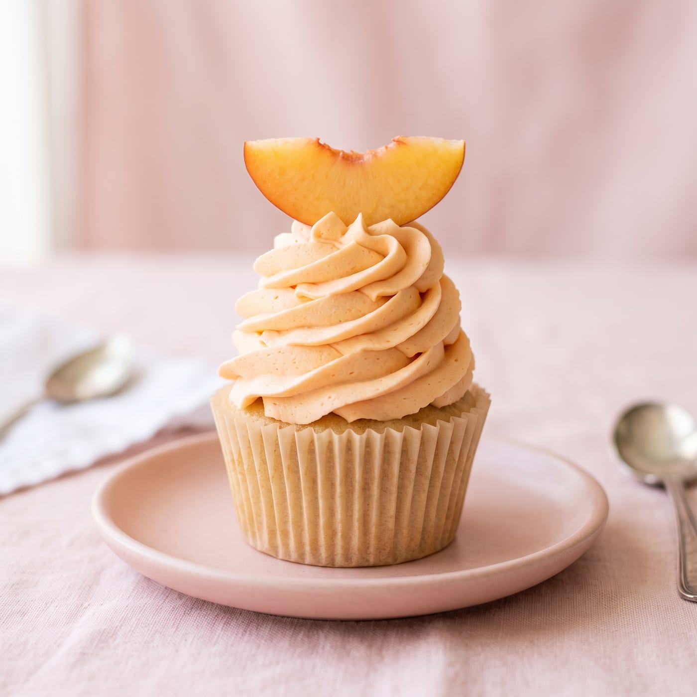 Peaches and cream cupcake with tall swirled peach frosting on a pastel blush background