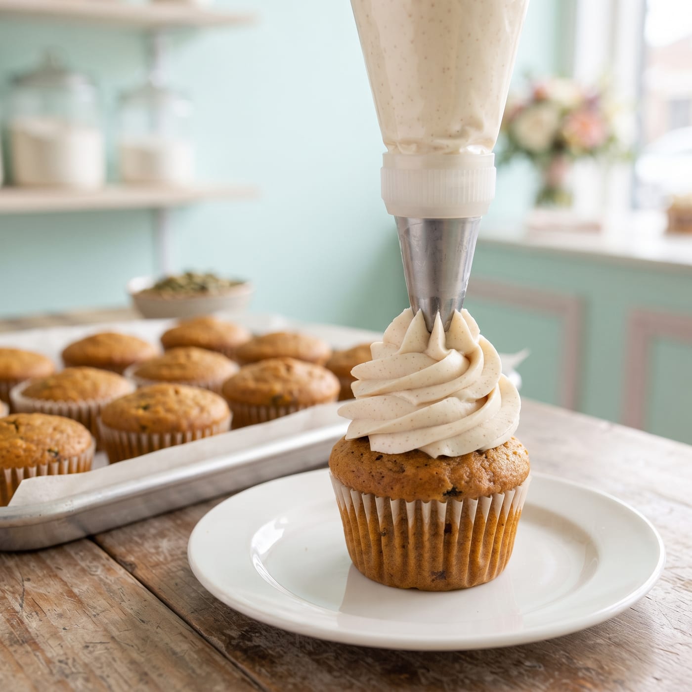 Piping cream cheese frosting in a tall swirl onto a cooled pumpkin cupcake