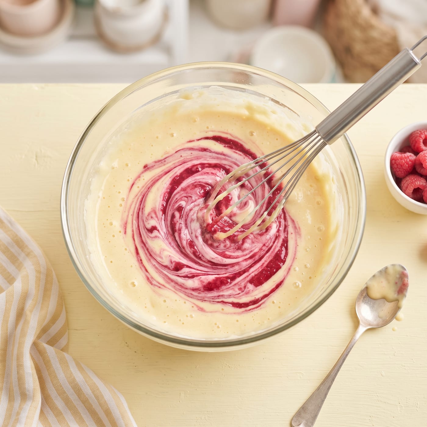 Raspberry puree being folded into pale cupcake batter in a glass mixing bowl