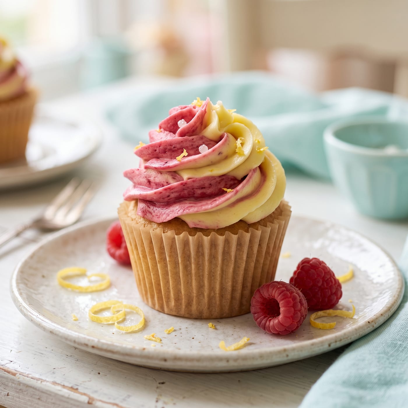 Close up of raspberry lemon frosting swirl showing marbled pink and yellow texture