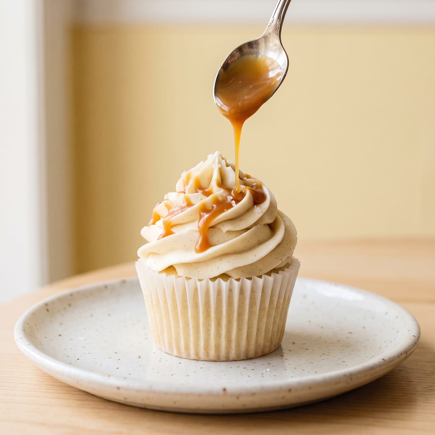 Caramel sauce being drizzled over a frosted cupcake with a small spoon