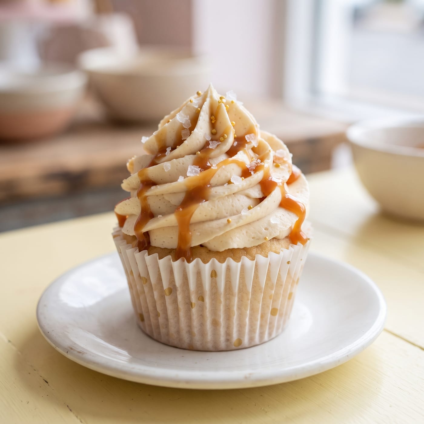 Close up of cupcake top showing caramel drizzle and flaky salt on swirled frosting