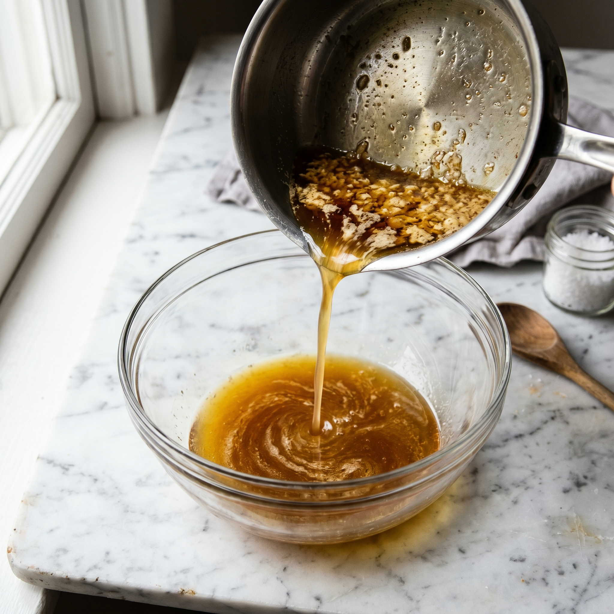 Brown butter being poured from a light-colored saucepan into a glass mixing bowl, showing the golden milk solids at the bottom of the pan