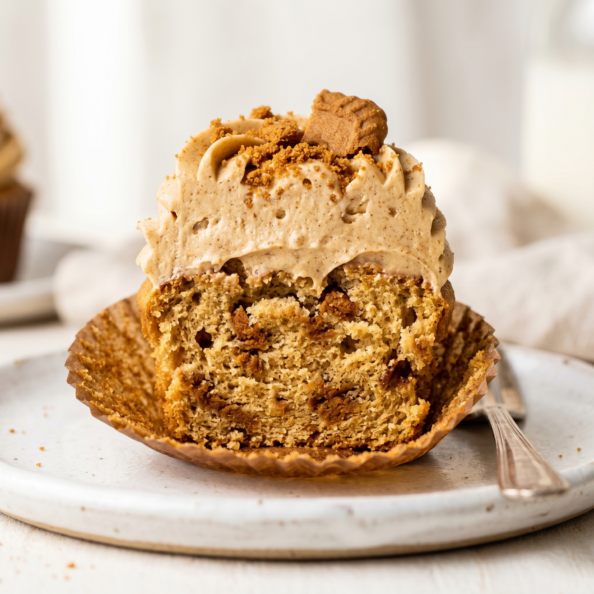 Cross-section of a Biscoff brown butter cupcake showing the tender crumb, visible cookie pieces inside, and thick Biscoff buttercream on top