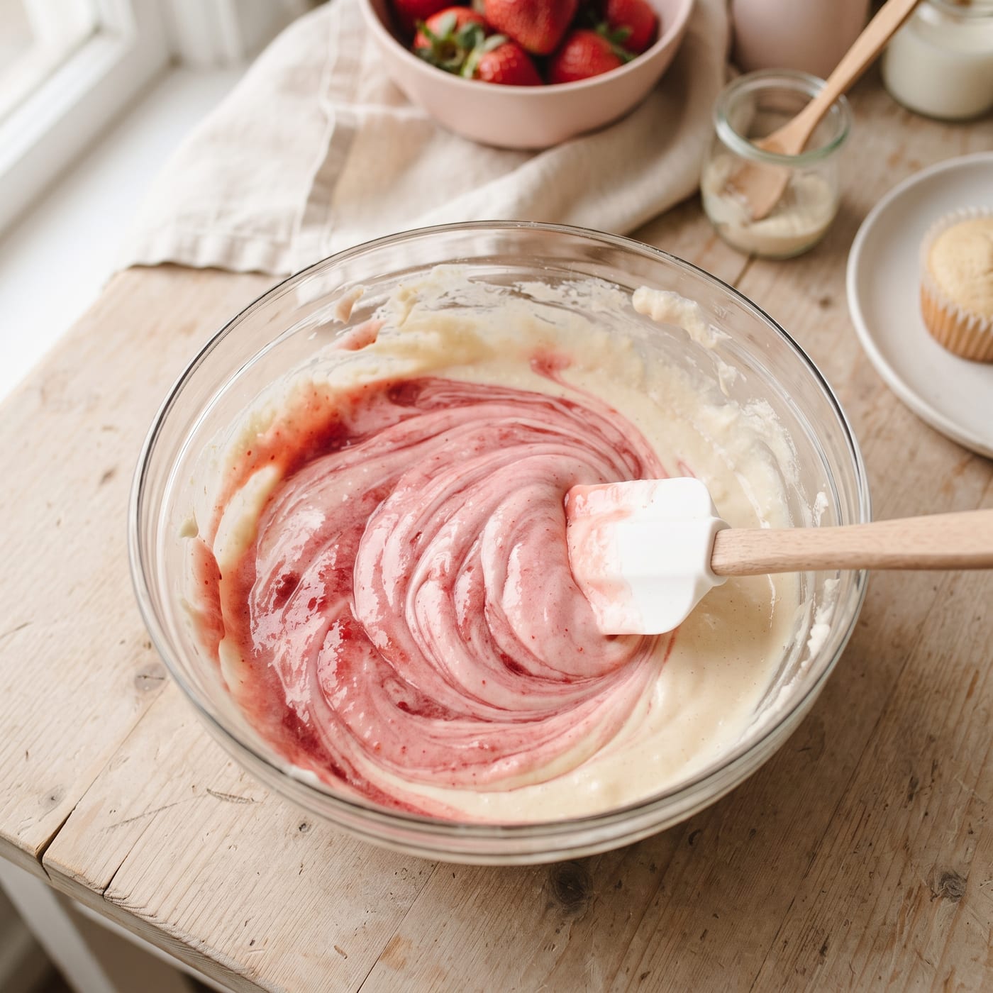 Fresh strawberry compote being folded into pale cupcake batter in a glass bowl