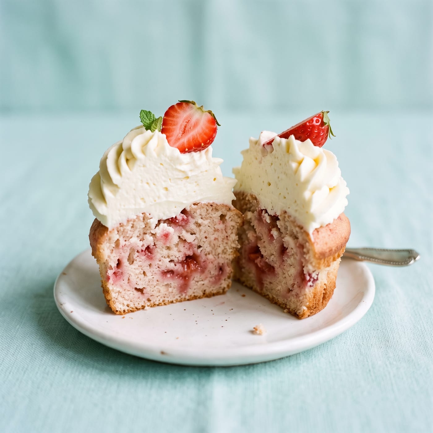 Close up cross section of a strawberry cupcake showing pink streaks of real strawberry compote