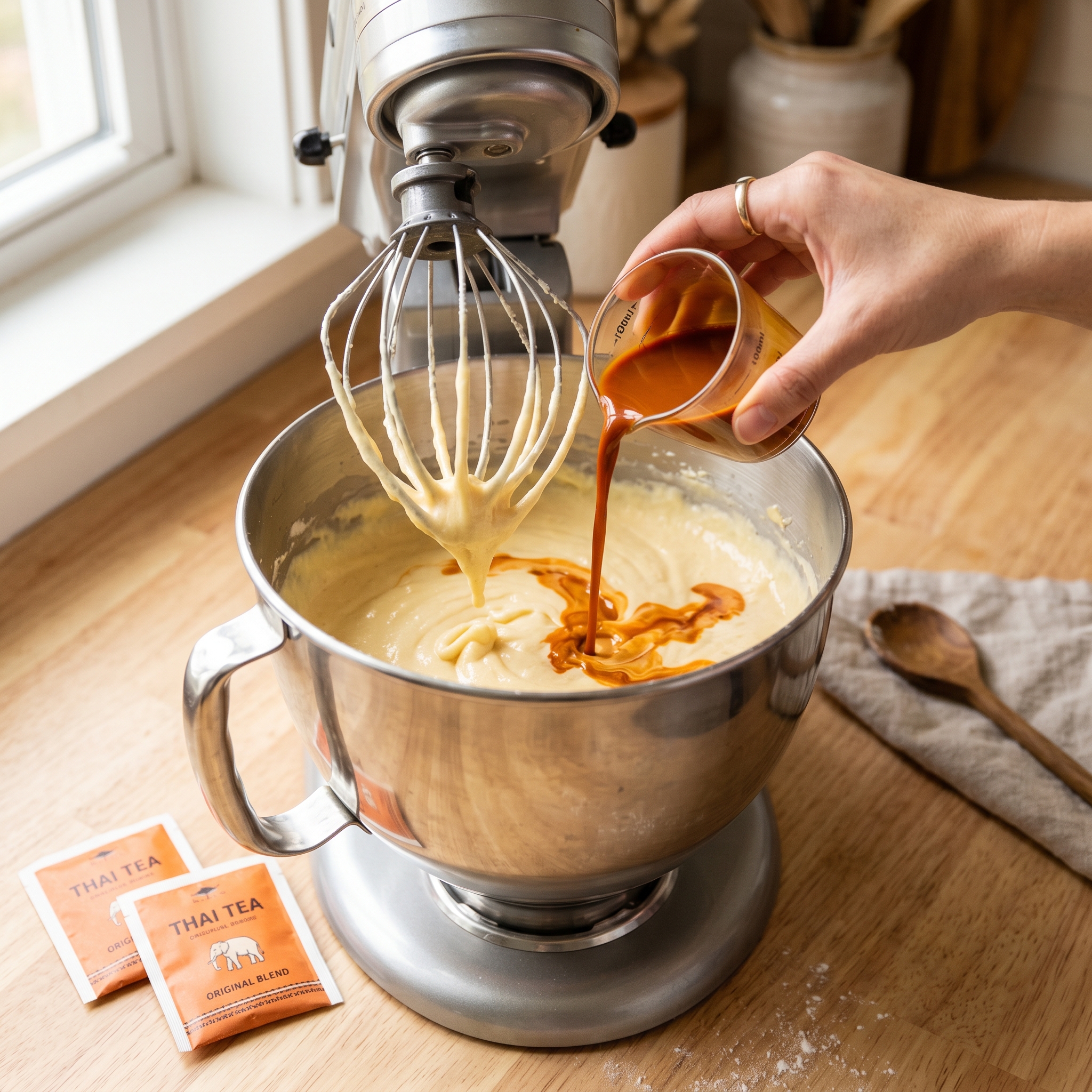 Amber Thai tea concentrate being poured into a bowl of pale yellow cupcake batter