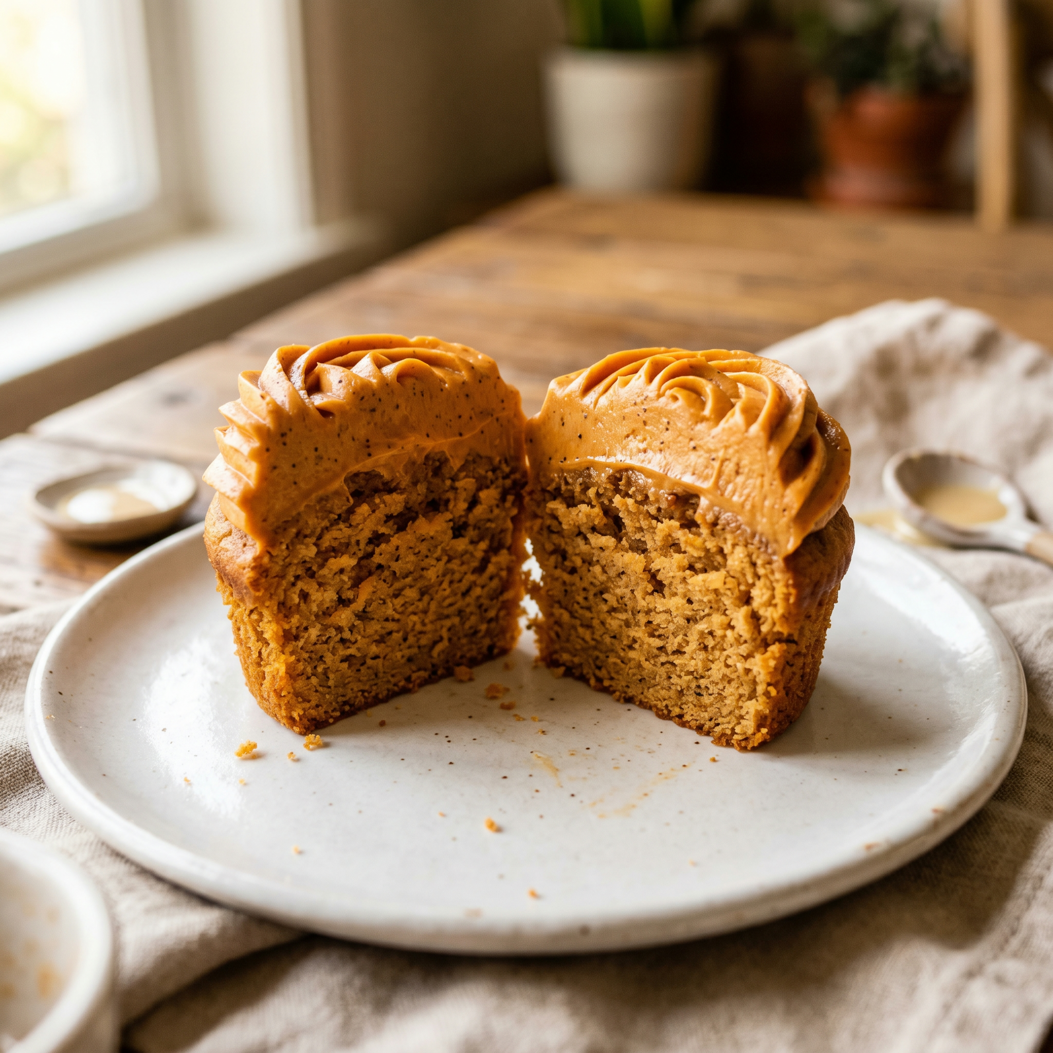 Cross-section of a Thai tea cupcake showing amber sponge crumb and thick orange buttercream