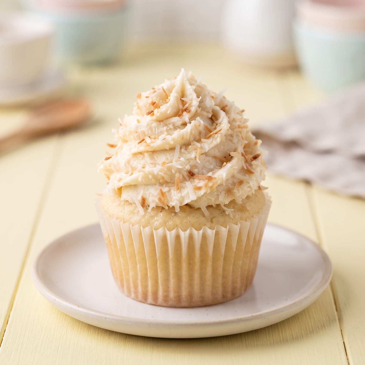Close up of coconut fleck buttercream swirl on cupcake with toasted coconut topping