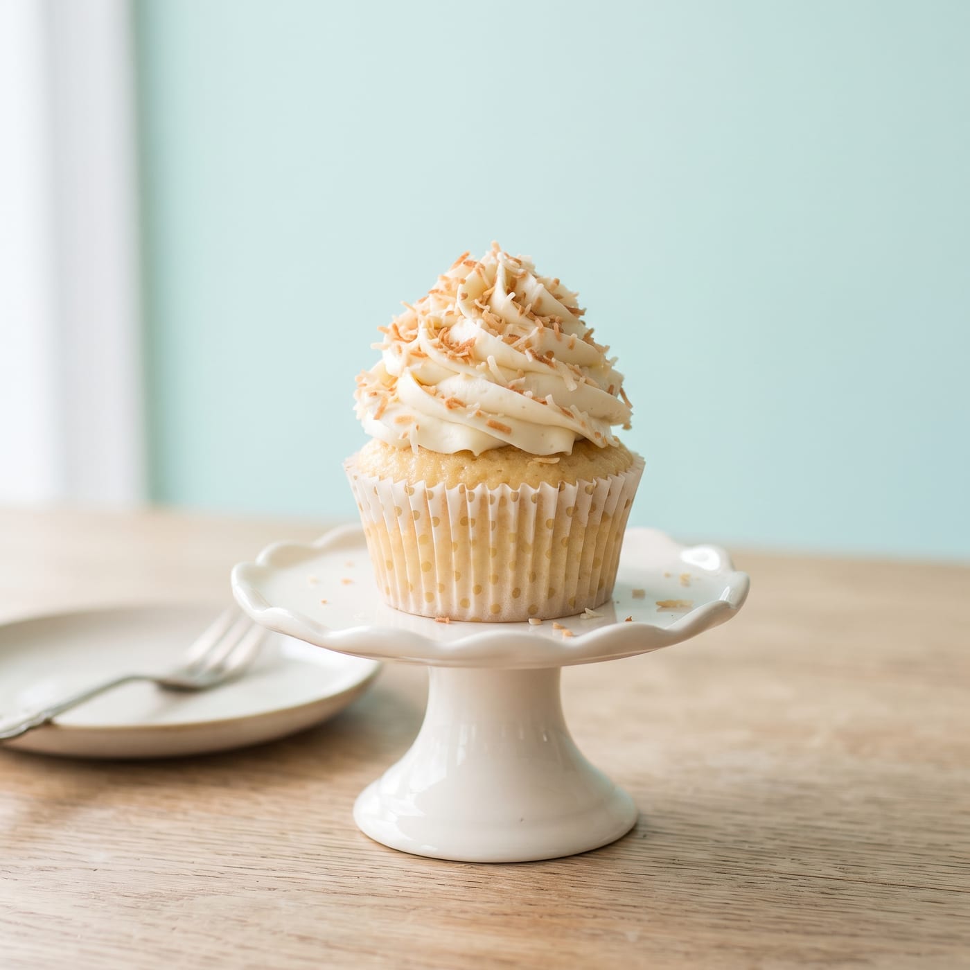 Toasted coconut swirl cupcake with tall frosting swirl and golden coconut flakes on top