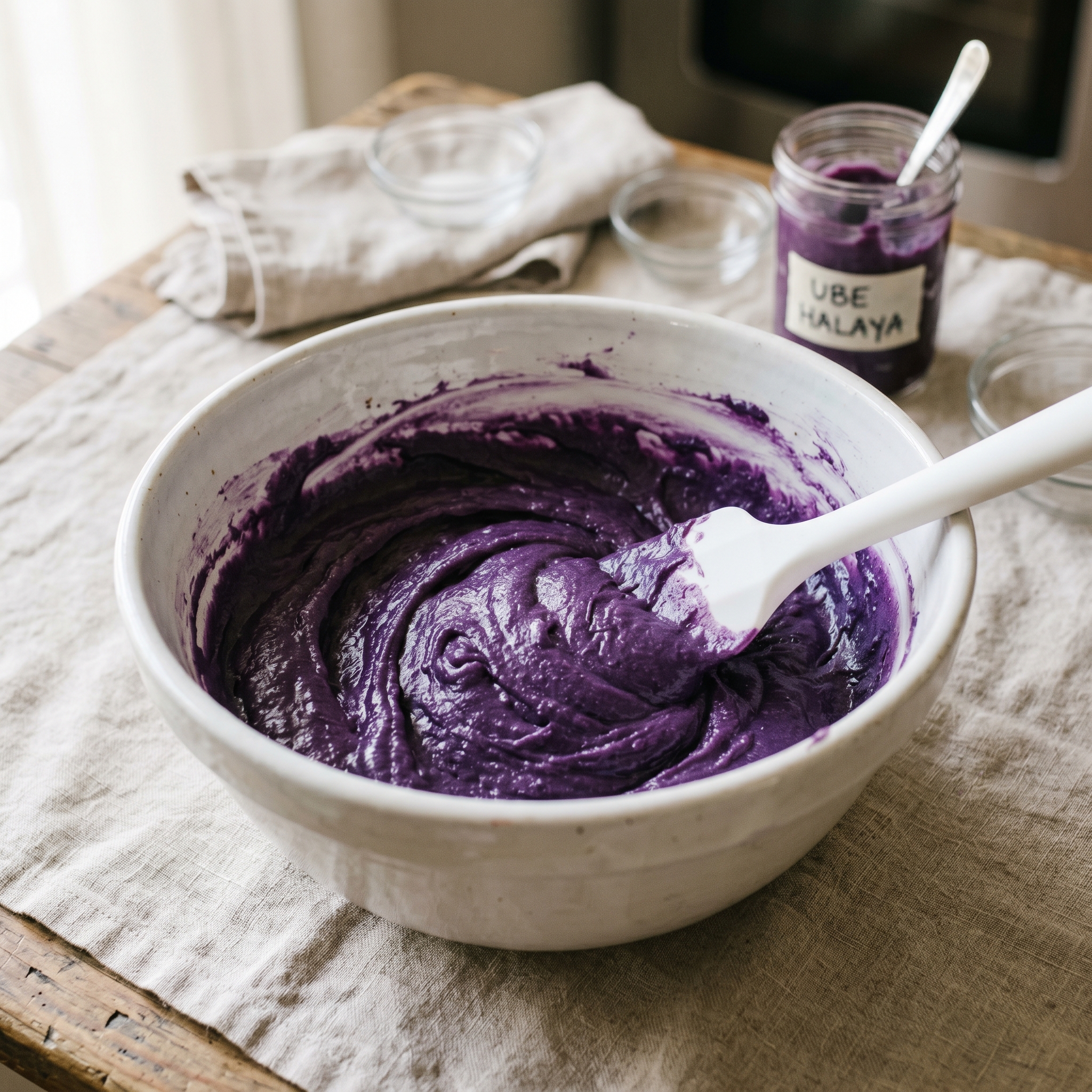 Purple ube cupcake batter being folded with a spatula in a white ceramic mixing bowl.