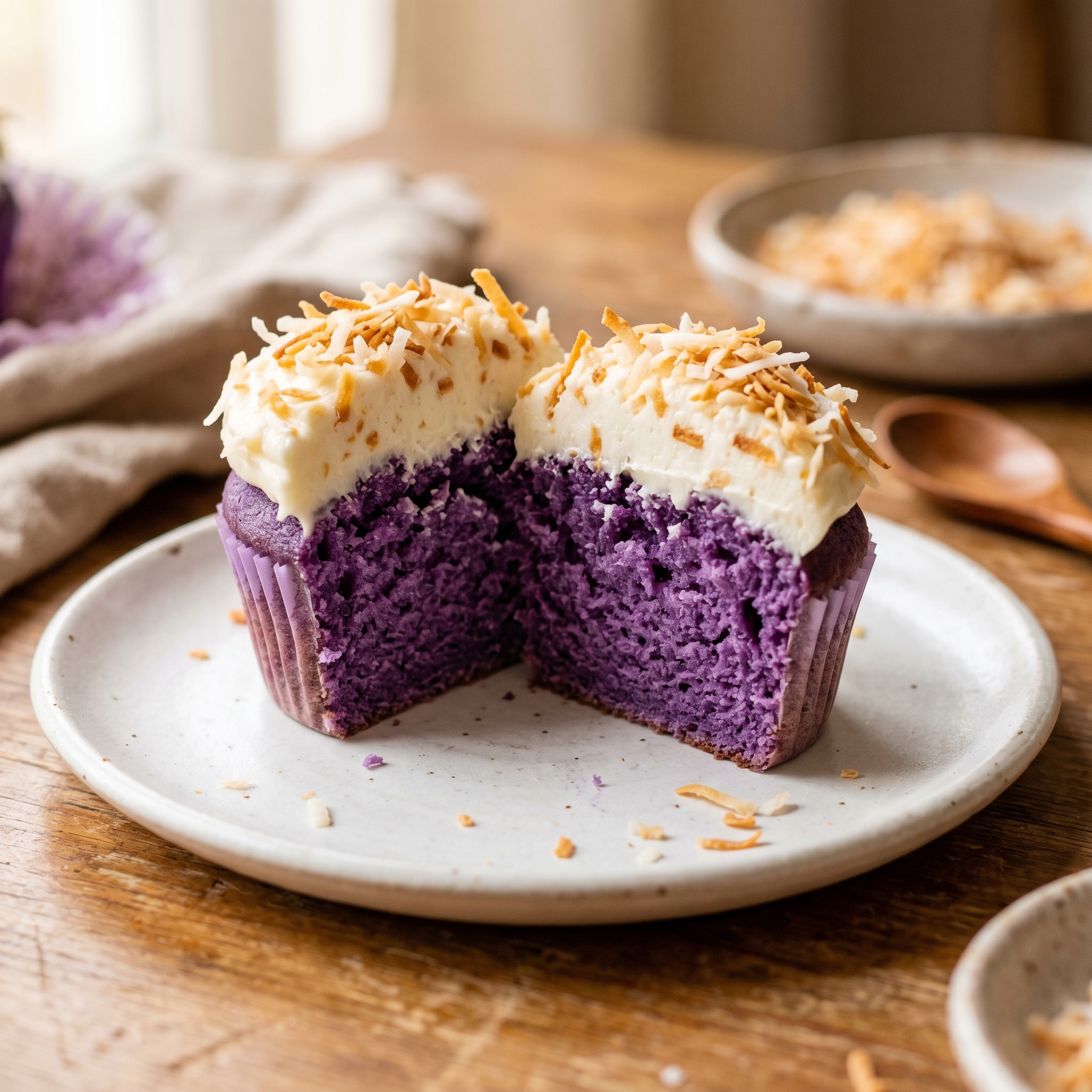 Cross-section of an ube coconut cupcake showing purple interior crumb and coconut frosting layer.