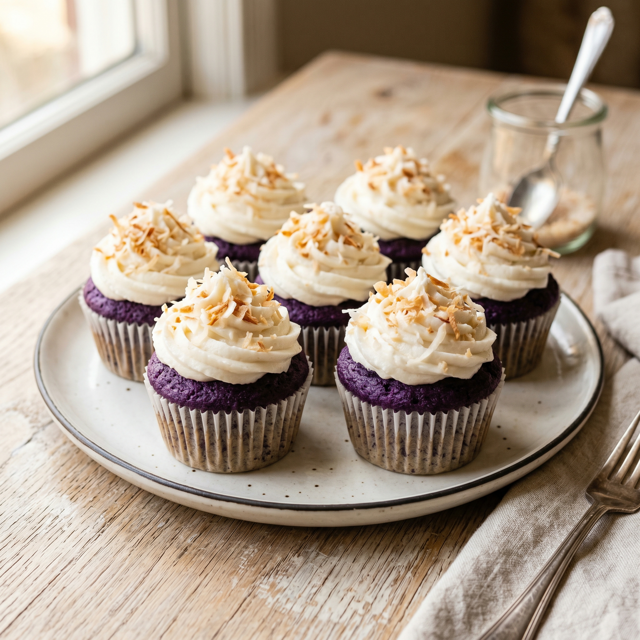 Six ube coconut cupcakes with swirled white coconut milk frosting. Toasted coconut flakes on a white ceramic plate, natural window light.
