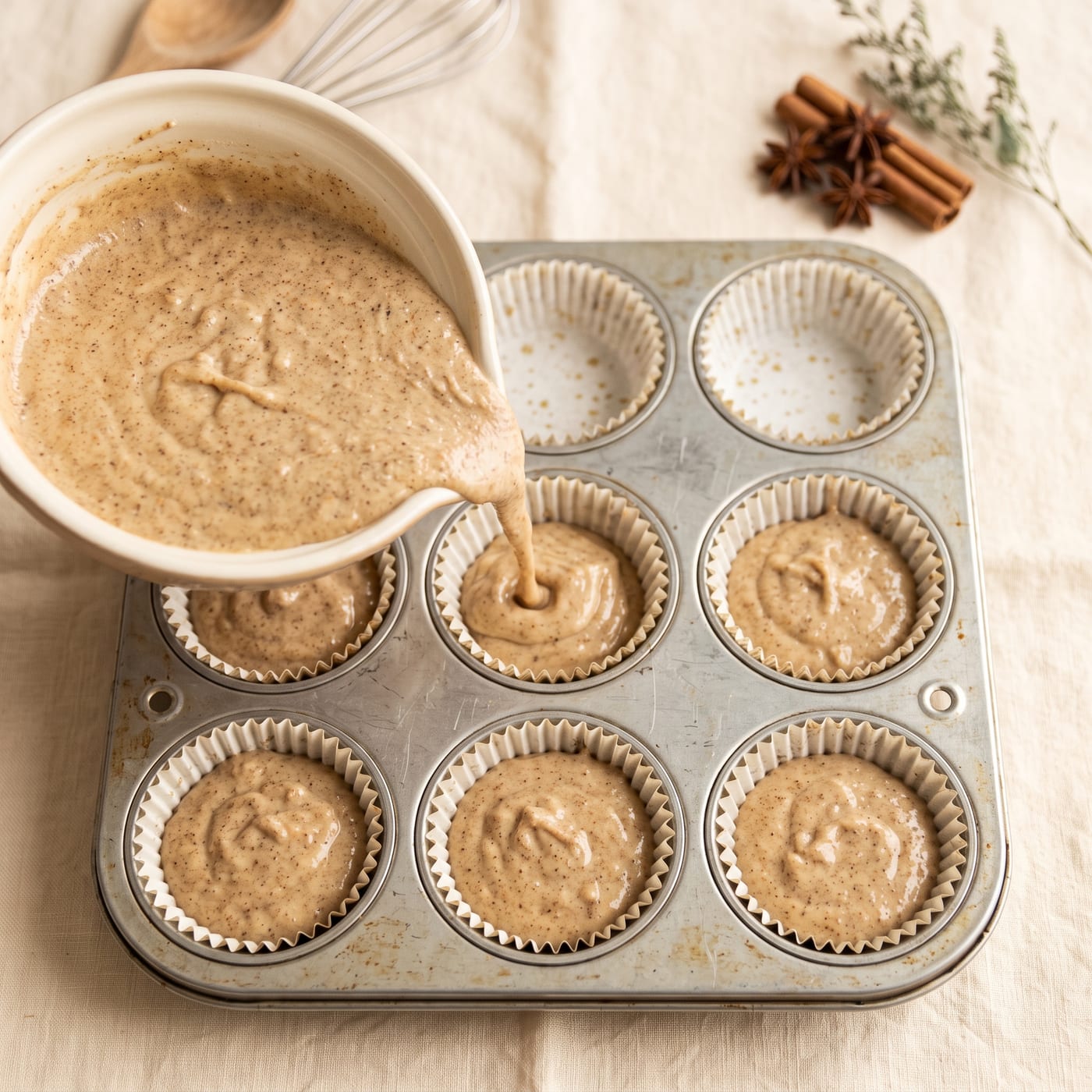 Chai spiced cupcake batter being poured into paper liners in a muffin pan