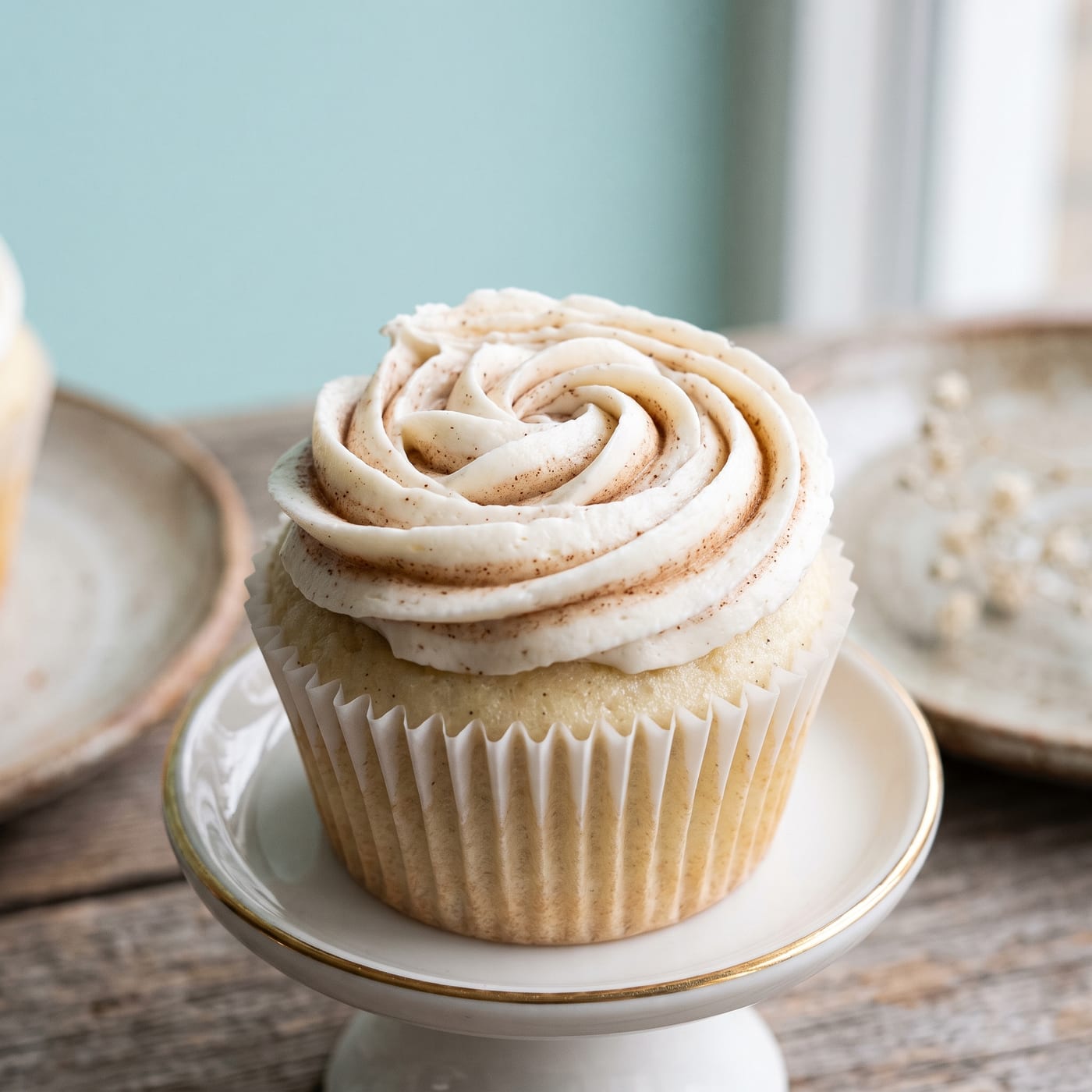 Close up of spiced vanilla swirl frosting showing thin cinnamon ripples
