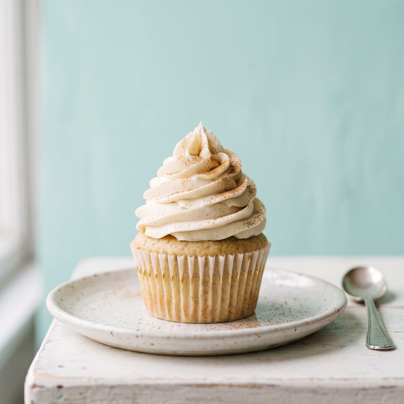 Vanilla chai cupcake with tall swirled frosting and a dusting of cinnamon on a pale aqua background
