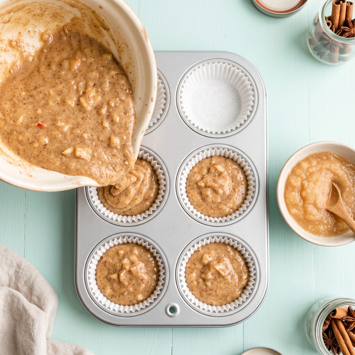 Bowl of apple spice cupcake batter being poured into paper liners in a muffin pan
